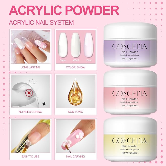 COSCELIA Acrylic Nail Kit for Beginners with Everything Professional Nails Kit Acrylic Set with Drill and U V Light Glitter Powder Decorations Rhinstones DIY Gifts for Women
