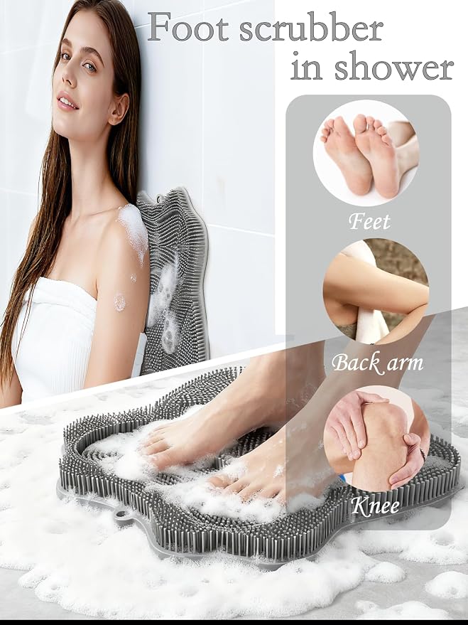 Shower Foot Scrubber Mat,Wall Mounted Back Scrubber Silicone Bath Massager Cushion Brush with Non-Slip Suction Cups,Foot Scrubber for Use in Shower for Improve Skin Exfoliation(Grey)