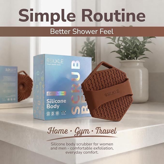 SILKLE Silicone Body Scrubber Exfoliator, Shower Scrubber & Silicone Loofah | Exfoliating Body Scrubber, Non-Slip Grip - Silicone Bath Brush & Shower Brush for Body, Quick-Rinse One-Piece Design - Brown