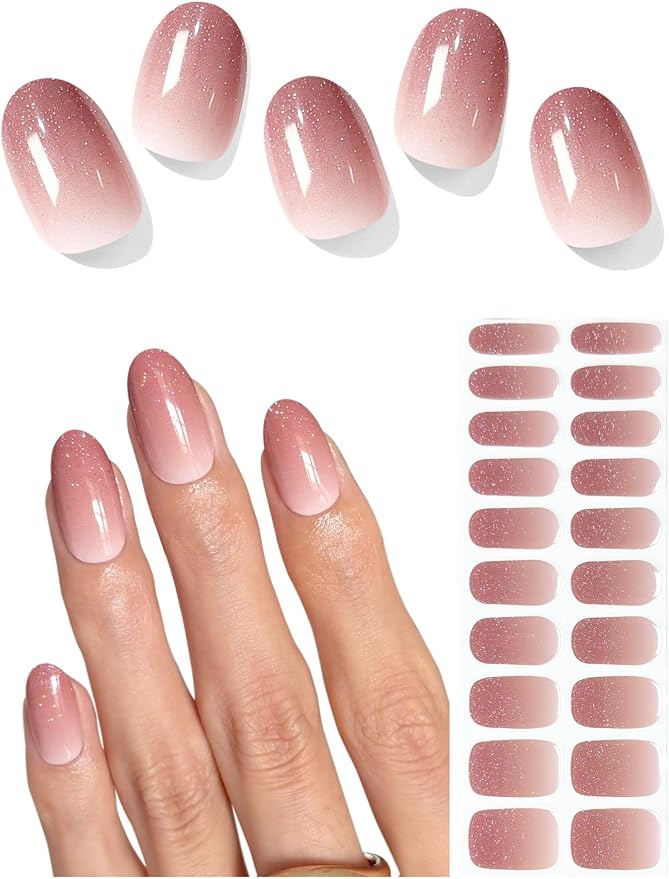 Semi Cured Gel Nail Strips (Gradient Brown), Glitter, 20 Pcs Gel Nail Wraps, Stickers, Salon Quality, Sun-Cured or UV-Cured