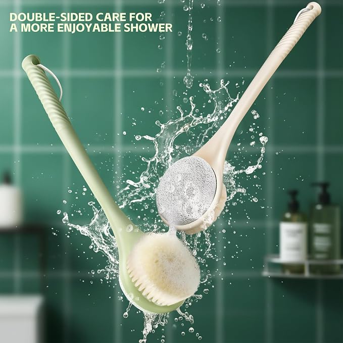 Back Scrubber for Shower, Long Handle Exfoliating Brush, Dual-Sided Bath Brush with Soft Bristles & Volcanic Pumice Stone, Anti-Slip Grip for Men & Women (Green)