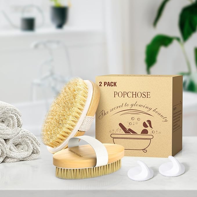 POPCHOSE Dry Brushing Body Brush, 2 Pack Boar Bristle Exfoliating Brush | Body Scrub for Smoother Skin: Supports Cellulite Treatment, Lymphatic Drainage and Blood Circulation Improvement