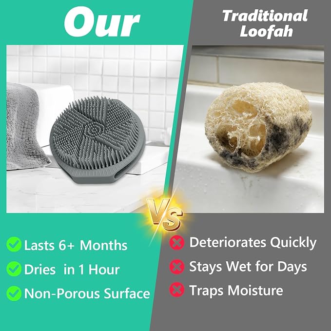 Silicone Body Scrubber, 2 in 1 Bath Brush Exfoliating Loofah | 1000+ Soft Bristles Deep Cleaning Hair Skin, Fast Drying Shower Brush Scalp Massager, Suitable for All Skin Types