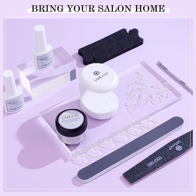 SAVILAND Clear Toenail Tips Kit with 500 Tips, Solid Glue Gel and UV Lamp | 500 clear toenail tips, solid glue gel, base and top coats, mini UV/LED lamp, toe separators and pedicure prep tools