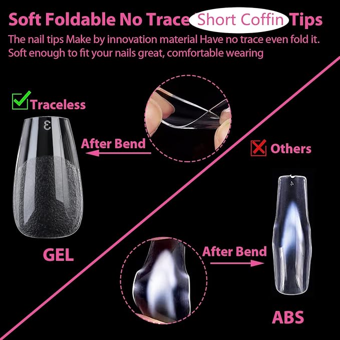 UNA GELLA Short Coffin Gel Nails Tips 12 Sizes 120Pcs Pre-etched Full Cover | Half Matte Soft Gel Nail Tips Acrylic Clear False Nails for Nail Extensions DIY Salon Long Lasting