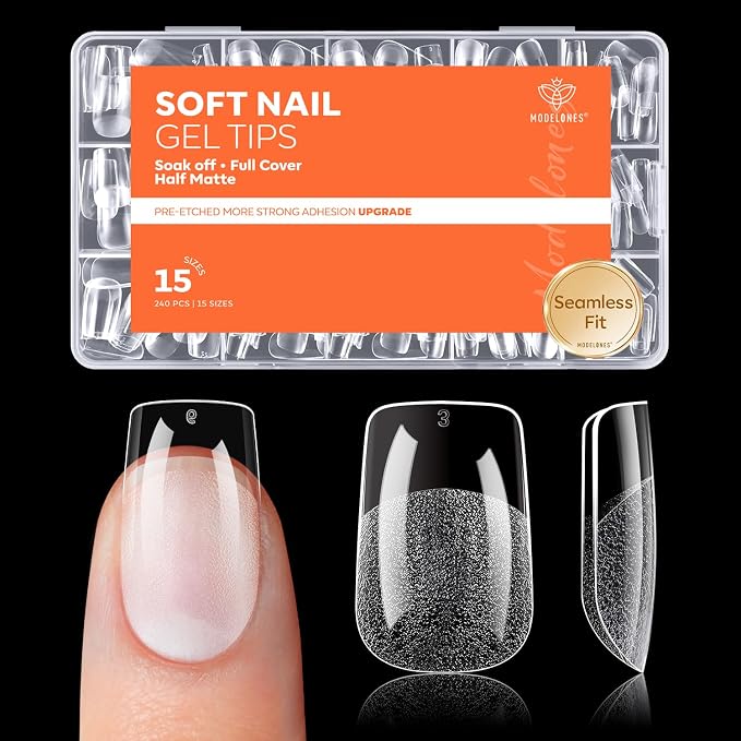 modelones Square Nail Tips, 240pcs Short Square Soft Gel Nail Tips | Full Cover Acrylic Extensions, Pre-Shaped 15 Sizes Press on Nails DIY Home or Professional Salon Use