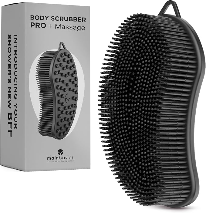 MainBasics Silicone Body Scrubber Dual-Sided, Black, Massage | Shower Scrubber with Massage Nodes, Silicone Loofah Alternative for Deep Clean