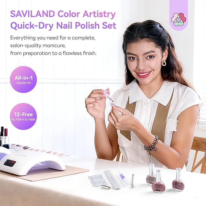 SAVILAND Cat Eye Nail Polish Kit: 6+1 Colors Quick-Dry Magnetic Sparkle Diamond Glitter Nude Pink Nail Polish Set with 3-in-1 Base Top Coat Cuticle Oil 12-Free Fingernail Polish Women Gift