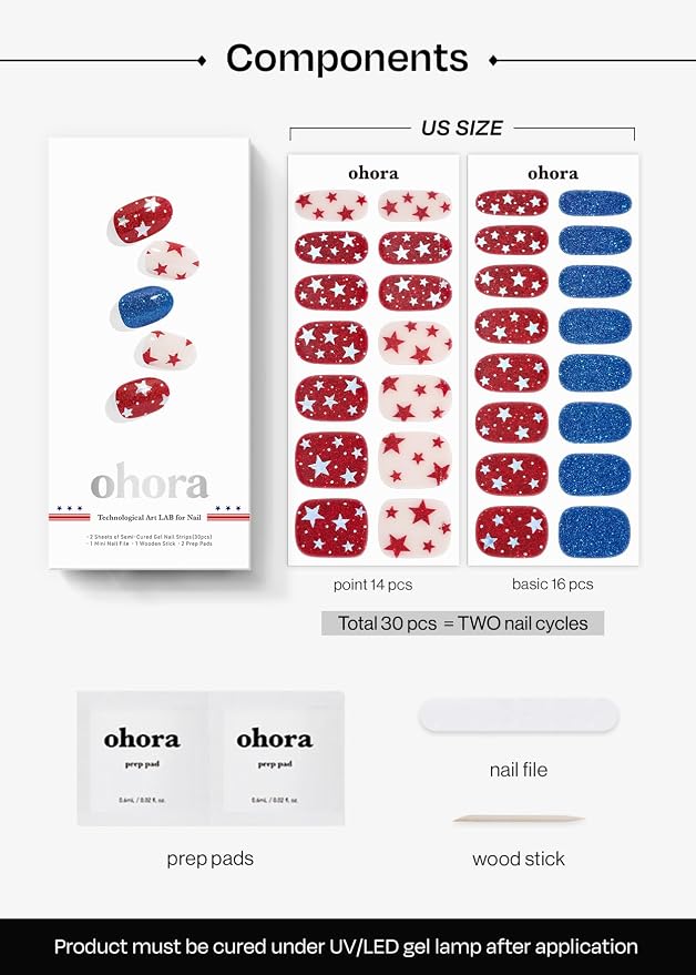 ohora Semi Cured Gel Nail Strips (N Liberated Stars) - Works with Any Nail Lamps, Salon-Quality, Long Lasting, Easy to Apply & Remove - Includes 2 Prep Pads, Nail File & Wooden Stick