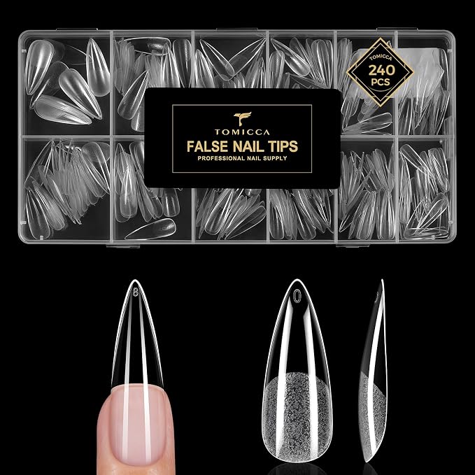 TOMICCA Long Stiletto Nail Tips, 240PCS 12 Sizes Pre-Shaped Ultra Half Matte Clear Full Cover Nail Extension Tips, False Nail Tips for Acrylic/Gel Extensions