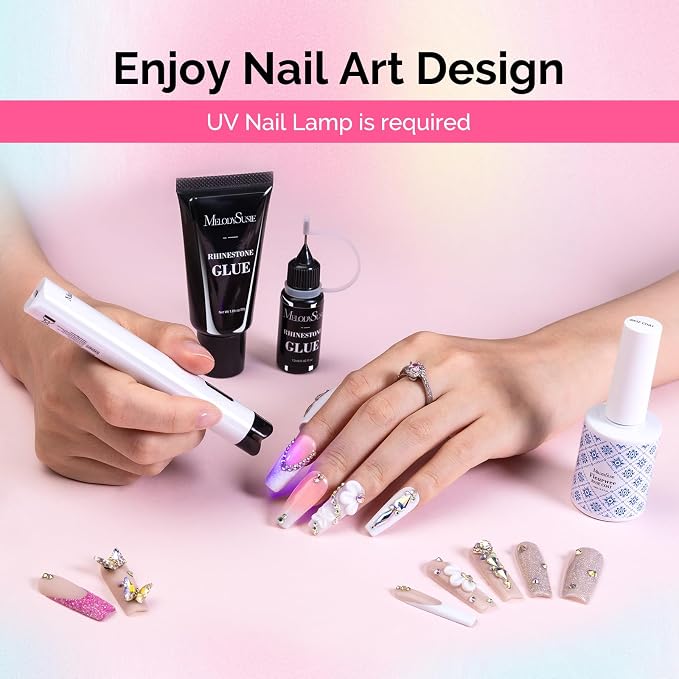 MelodySusie Purple Handheld UV Light for Gel Nails and Rhinestone Glue Kit | Cordless Spot Cure All Soft Gels 20s/60s Timer 450mAh Battery, Super Strong Gel Nail Glue Nail Art Design