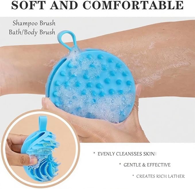 Double-Sided Silicone Body Scrubber Shower Bath Brush（Blue） | Handheld Cleansing Skin Brush for Sensitive Kids Women Men All Kinds of Skin