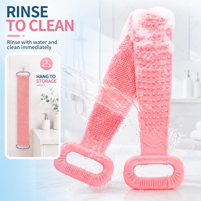 Manmihealth Silicone Back Scrubber for Shower & African Net Sponge Set | 36'' Dual-Sided Back Washer & African Long Bath Sponge, Extendable Long Silicone Body Brush (Pink+Pink)