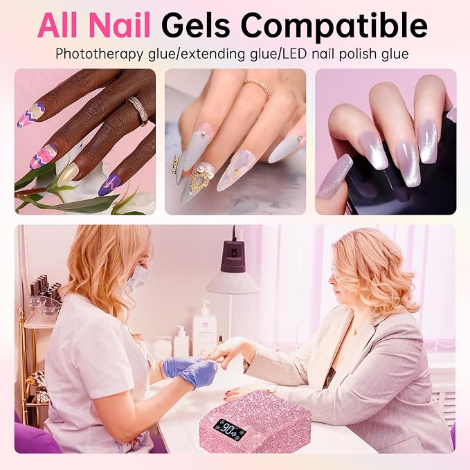 UV LED Nail Lamp, Plug-in Nail Dryer UV Light for Gel Nails Salon & Home | 39 Beads | 96W | Auto Sensor | Detachable Base | 4 Timers | Rhinestone | Pink Sparkly