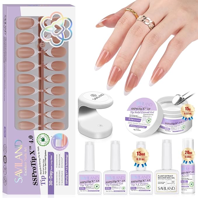 SAVILAND Press On Nails For Women: 4-In-1 French Tip Press On Nails Acrylic 15 Sizes Press On Nails Almond Medium Strong Nail Glue for Press Ons U V Light Nail Glue Remover A-F Primer French Tip Tool