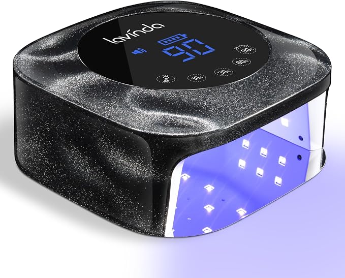 Lavinda Cordless UV LED Nail Lamp for Gel Nails, Black Cat-Eye Finish | 4–6 hr runtime, 36 dual-wavelength lamp beads, even curing, 4 timers, low-heat mode, auto sensor, touch LCD, removable base