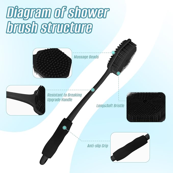 14" Silicone Back Scrubber for Shower, Long Handle Body Brush | Soft Bristles Exfoliate&Massage Skin. Non-Slip Grip, Reach Full Back Easily. Ideal for Men&Women, Bath Use. Black.