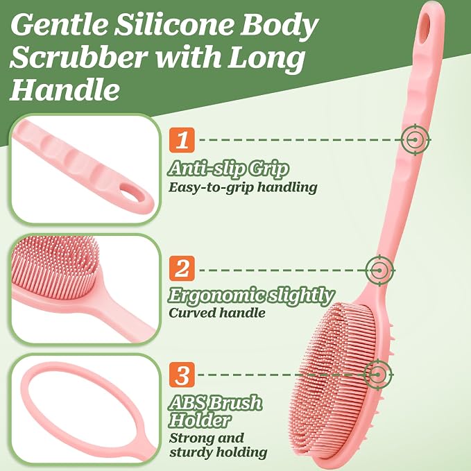 Silicone Back Scrubber for Shower, Gentle Shower Scrubber for Lathering, Softe Silicone Loofah with Two Replaceable Brush Heads, Good for Kids, Sensitive Skin(Pink-Two Heads)