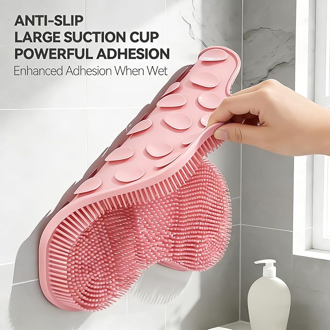 ozner Silicone Shower Foot Scrubber Mat,Back Washer Bath Wash Pad Exfoliating & Massage, Wall Mounted Slip Strong Suction Cups for Use in Cleaner Men and Women (Pink)
