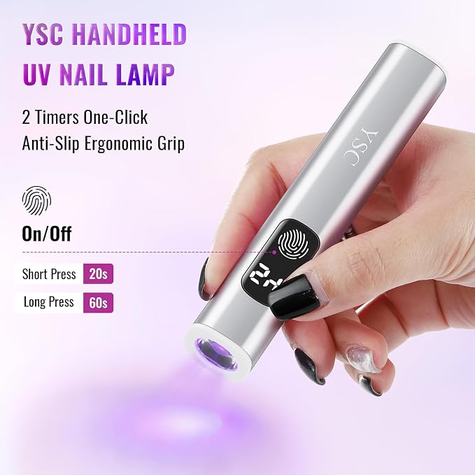 YSC Handheld UV Light for Nails, Cordless Flash Cure Lamp LCD Dual Timers | Portable mini uv nail lamp to flash cure soft gels, LCD dual timers, aluminum shell, 60 mins runtime, home & salon manicure