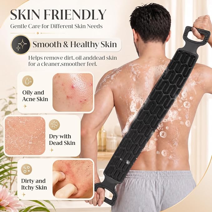 Manmihealth Silicone Back Scrubber for Shower & African Bath Sponge Set | Upgrade 33.8'' Long Silicone Back Brush & Exfoliating Net Sponge Combination, Dual-Sided Use Shower Loofah(Black+Black)