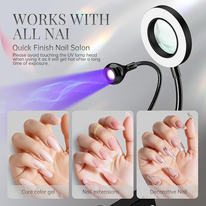 Dual Head UV Nail Lamp with 6X Magnifier, 3 Color Temps, Clip | 6X magnifier, 365+395nm fast cure, 3 color temps, 360° gooseneck, for gel polish and crafts, salon and home DIY