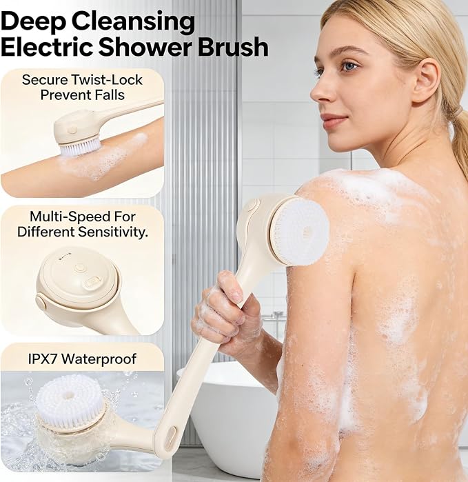 Electric Body Brush with 4 Replacement Heads & Auto-Lock & Long Handle | 3-Speed Rechargeable Back Scrubber for Shower, Exfoliating & Deep Cleaning & Skin Massaging