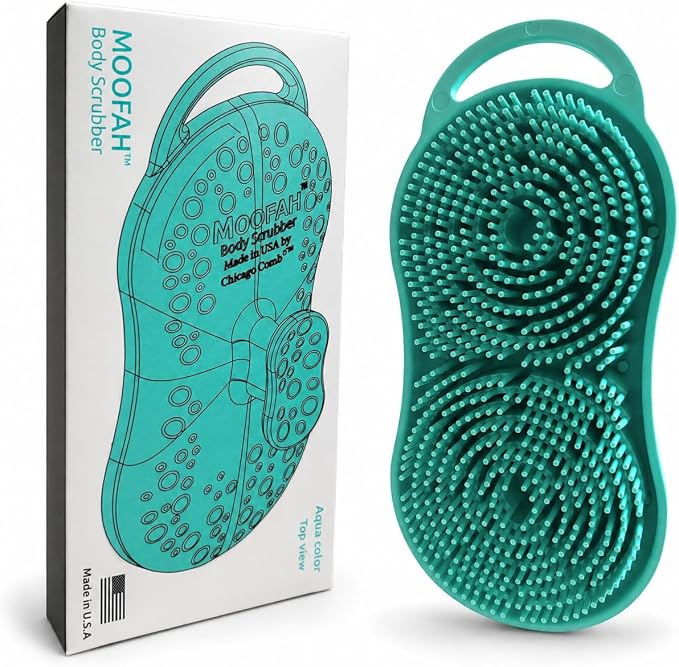 MOOFAH™ Body Scrubber- Deep Cleansing, Gentle Exfoliation for Smoother Skin, Soft-Touch Bristles, Made in USA by Chicago Comb, Easy Rinse, Quick-Dry (Aqua)