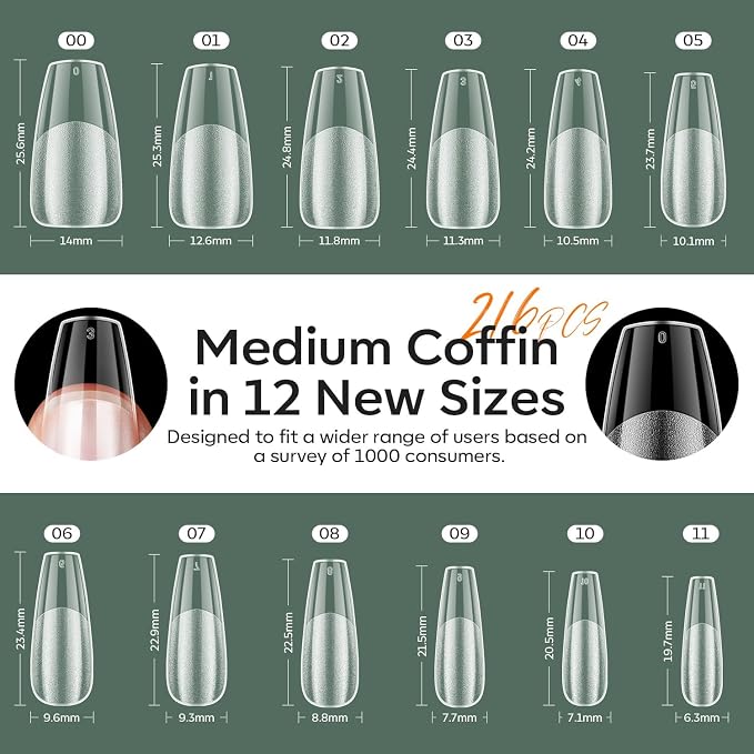 modelones X Nail Gel Kit Medium Coffin, 9-in-One Nail Glue UV Light | 216Pcs 12Sizes Pre-Etched Press ons Fake Acrylic Extension Kit DIY Salon Gift