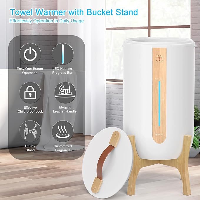 Keenray Towel Warmer for Bathroom, Towel Warmer Bucket with Heating Progress Bar, Fragrance Disc Holder, Leather Handle, Auto Shut-Off Towel Bucket Fits Up to Two 40" x 70" Towels, Blankets White