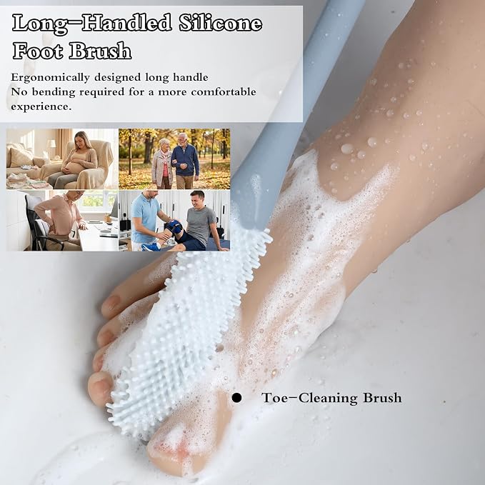 Lusofie 2Pcs Silicone Foot Brush with Massage Bristles Toe Cleaning Brush | Long Handle Foot Scrubber in Bath Shower Pedicure Tool