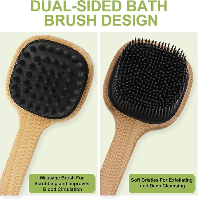 Silicone Back Scrubber for Shower, 2 PCS Silicone Bath Body Brush Loofah with Long Handle, Dual-Sided Shower Brush for Body, Exfoliating Body Scrubber Back Washer for Men Women(Lake Blue +Black)
