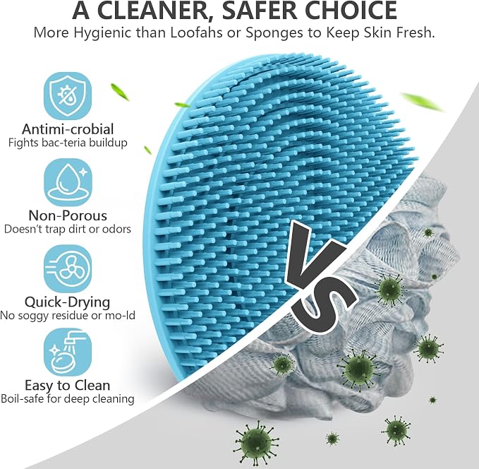 Silicone Body & Face Scrubber Set 5 Pack, BEAUTAIL Gentle Shower Scrubber | Hygienic Silicone Loofah, Easy-Grip Handle, Soft Exfoliating Bath Brush for Sensitive Skin, Women & Men (Black+Blue+Gray)