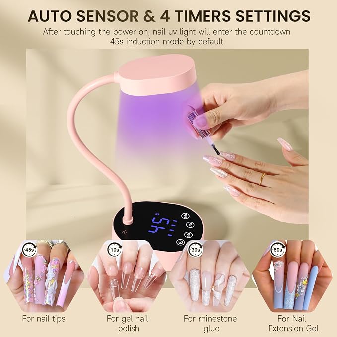 AORAEM UV Nail Lamp, Gooseneck Mini UV Light for Gel Nails | Rechargeable LED Flash Cure Lamps with 4 Timer & Auto Sensor, Quick Dry Professional Nail Dryer for Salon Home DIY Use, Pink