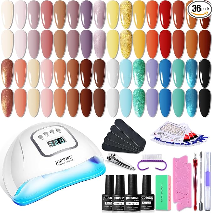 JODSONE 36 Pcs Gel Nail Polish Kit with U V Light of 32 Color Gel Polish Nail Collections Base and Top Glitter Coat Manicure Tools