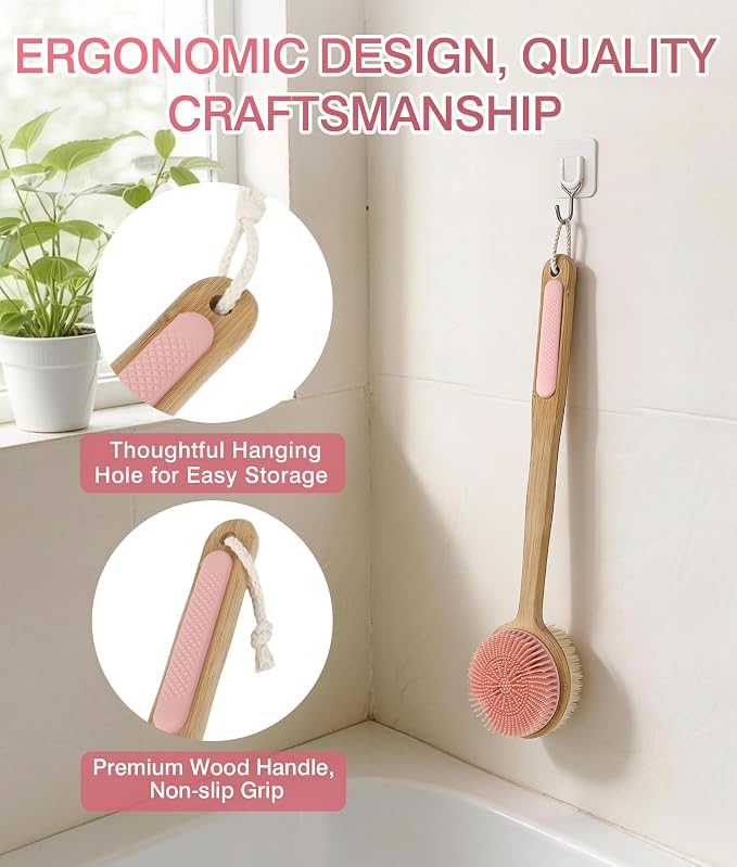 Back Scrubber for Shower - Double-Sided Silicone and Super-Dense Bristles for Deep Cleaning & Exfoliation, Bamboo Long Handle with Wider Anti-Slip Grip, Rich Foam, Durable (Pink)