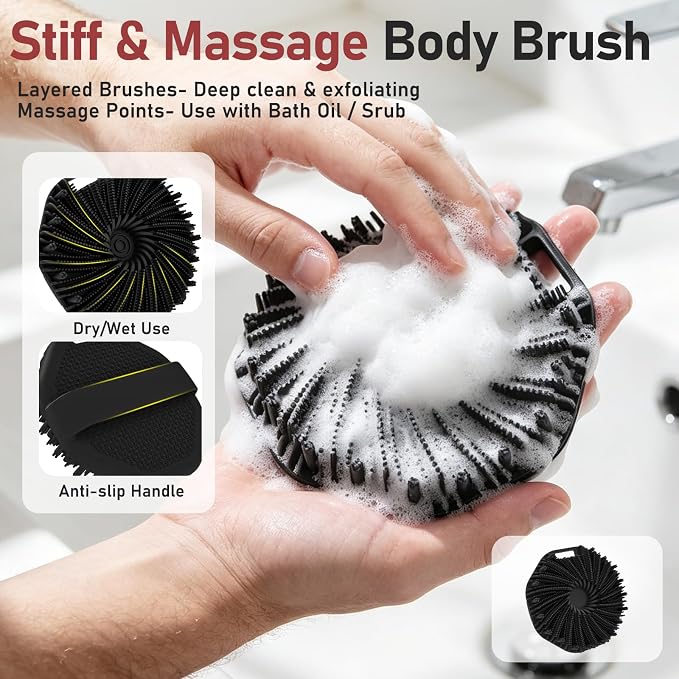 Back Scrubber for Shower for Men 2 Pack, Silicone Body Scrubber with Long Handle, Detachable Body Wash Scrubber Shower Scrub Brush - Lathering Bristles Deep Clean Exfoliator Women Mens Black