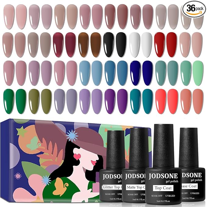 JODSONE 32 Colors Gel Nail Polish Kit with Base Coat Matte Glitter Top Coat Soak Off Manicure Tools Manicure Salon DIY at Home