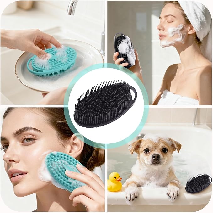 2 Pack Silicone Body Scrubber, Exfoliating Shower Scrubber for All Skin | 2 in 1 dual-sided design, soft bristles and massage bumps side, fast-drying, non-slip handle, for women and men, Black+Green