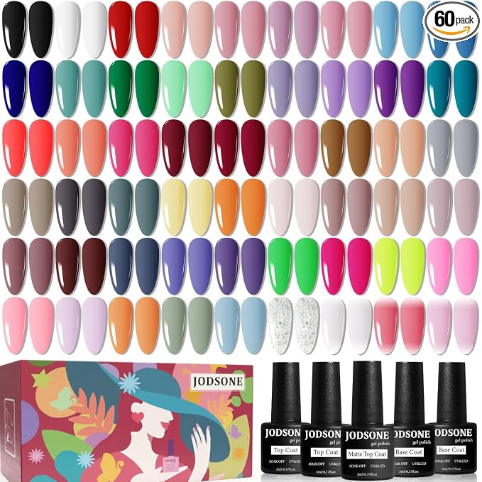 JODSONE 60 PCS Gel Nail Polish Set with 5 Bottles of Base and Glossy Matte Top Coat Soak off Gel Nail Set Suitable for All Seasons Gifts