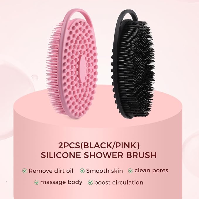 2 Pack Silicone Body Scrubber, Exfoliating Shower Scrubber for All Skin | 2 in 1 dual-sided design, soft bristles and massage bumps side, fast-drying, non-slip handle, for women and men, Black+Pink