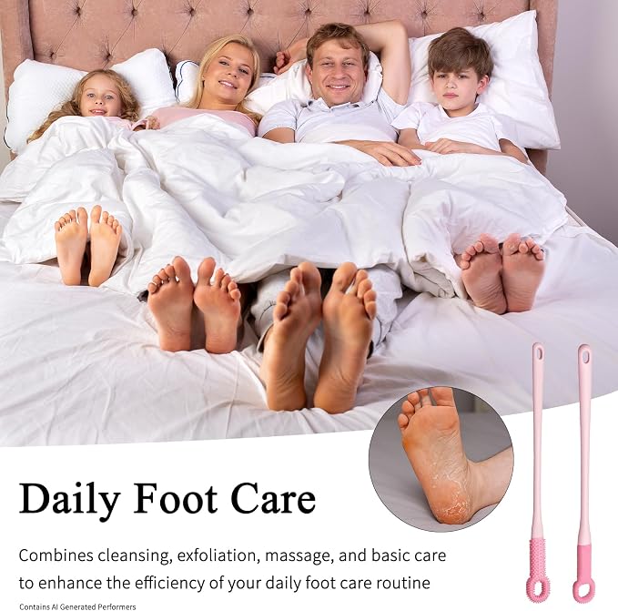 2 Pack Toe Cleaning Brush with 15.7" Long Handle, Silicone Foot Scrubber & Exfoliating Anti-Itch Brush for Bath & Feet, No-Bend Long Reach Feet Cleaner for Seniors & Daily Living (Pink)