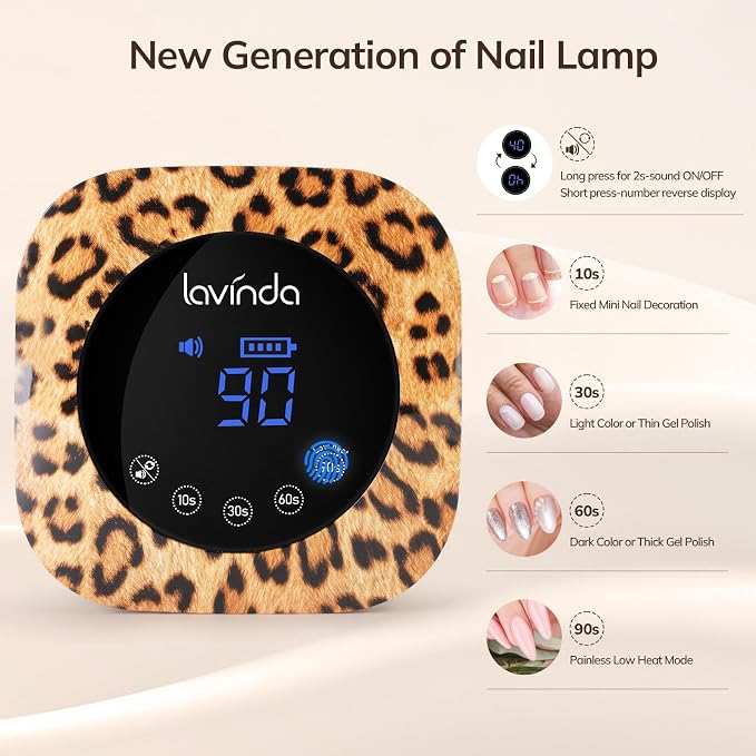 Lavinda LED Nail Lamp Cordless UV Light for Gel Nails 54W, Leopard Print | Hands-free sensor, touch controls, spacious curing area, pedicure-ready base, bold salon décor, beauty gifts