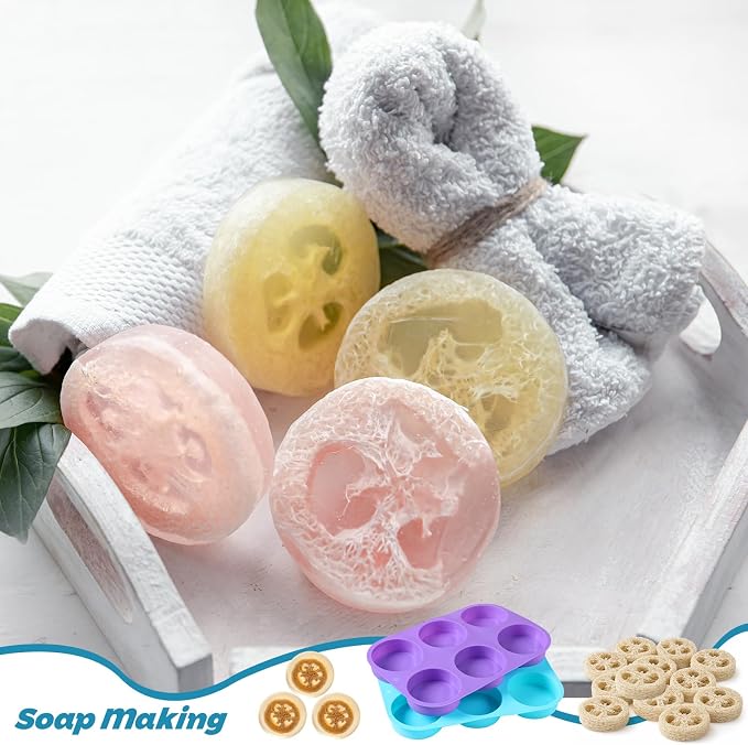 Sliner 2 Pcs 3 Inch Round Silicone Soap Molds & 12 Natural Loofah Sponges, Exfoliating Body Scrubbers for Soap Making, Shower Steamers, Bath Bombs, Lotion Bars - Suitable for Women and Men