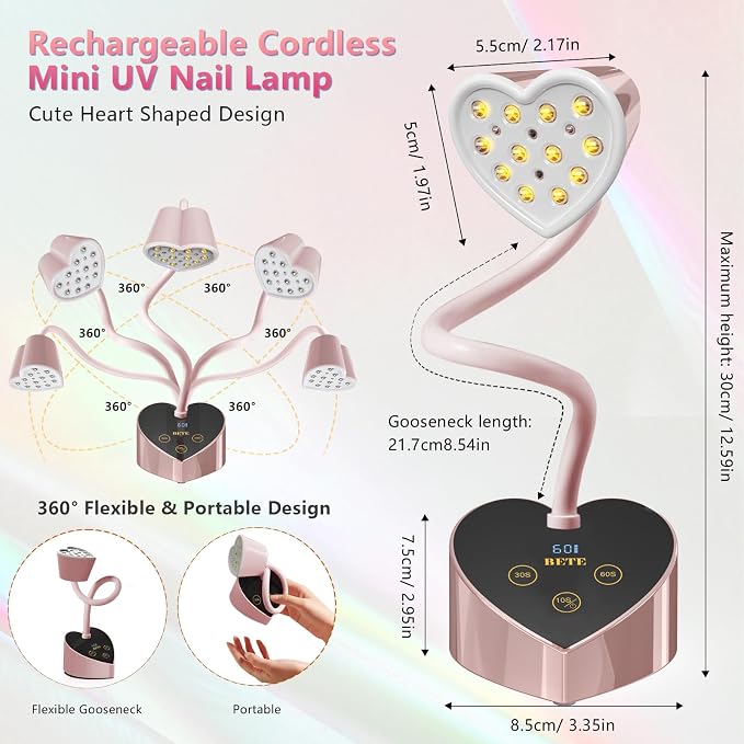 BETE Mini UV Nail Lamp Flash Cure Gel Nail Polish, 360° Foldable Gooseneck UV LED Nail Lamp with Smart Sensor, USB Portable Cordless 30W Rechargeable Nail Dryer with 3 Timers for Salon Home DIY