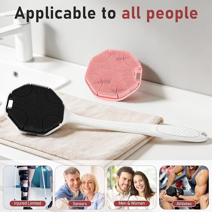 Back Scrubber for Shower 2 Pack, Silicone Body Scrubber with Long Handle, Detachable Body Wash Bath Scrubber Shower Scrub Brush -Dense Bristles Exfoliating & Lather Well for Women Men Black & Pink