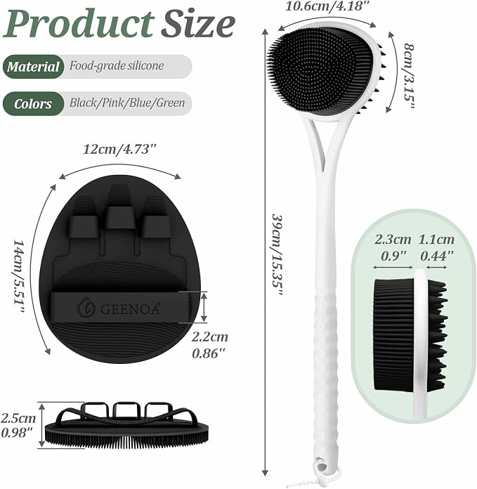 Silicone Back Scrubber & Bath Glove Set, 15.35’’ Soft Back Scrubber with Dual-Side Brush Head, 360° Anti-Slip & Enlarged Exfoliating Body Scrubber for Rich Foaming Deep Cleaning(Black)