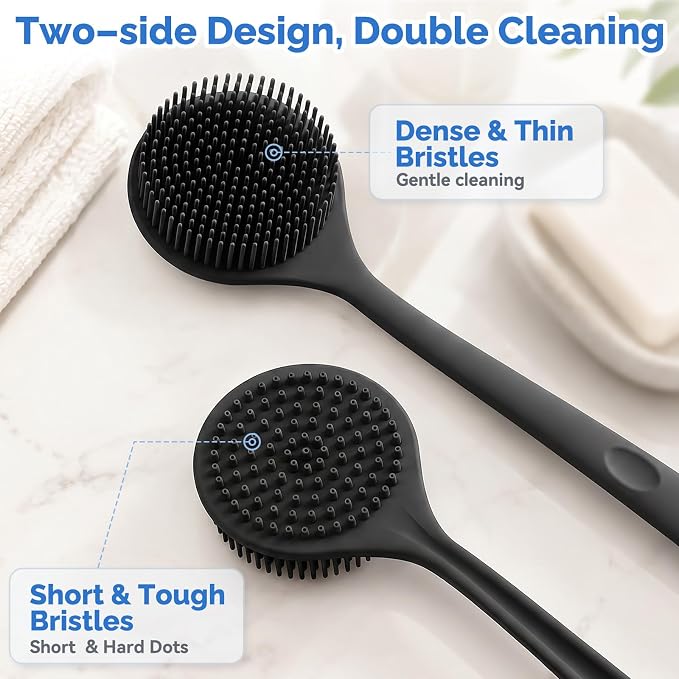 Manmihealth Silicone Back Scrubber & Soft Shower Brushes Set 2PCS Black | Silicone Body Scrubber with Thin Dense Bristles & Bath Glove Brush Combination, Super Lathering & Exfoliating