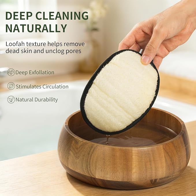 SAMEBUTECO 4 Pack Natural Loofah Body Scrubber-Exfoliating Bath Loofah Set with Black Edging and Hanging Loops for Men and Women,Ideal for Pore Cleansing,Shower,Skin Smoothing