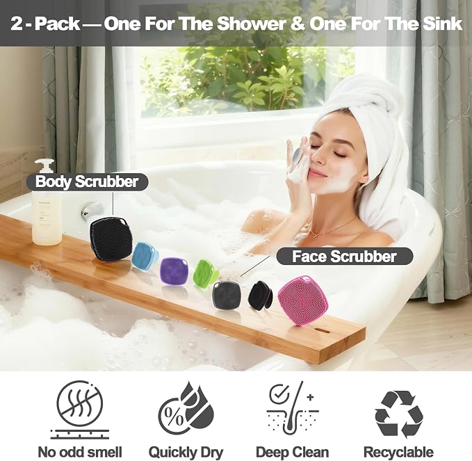 2 Pack Face Scrubbers, Silicone Face Scrubber Soft Bristles, Gentle Lather, Exfoliating & Deep Cleaning for Sensitive Skin, Giant Suction Cup Stick Securely, Easy to Store (Gray)